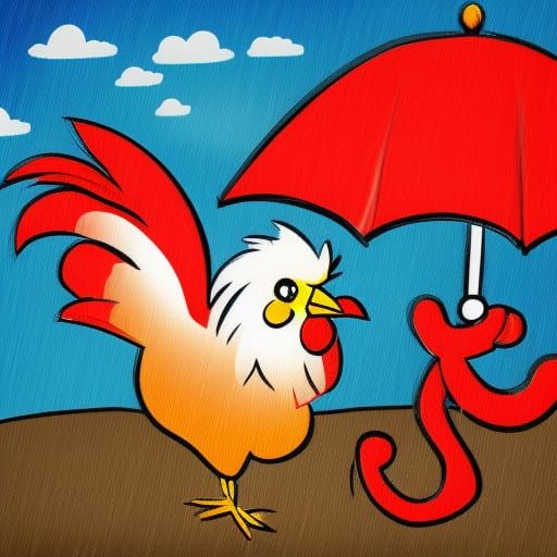 Happy Cartoon Rooster Stays Dry Under His Umbrella in the Ra...