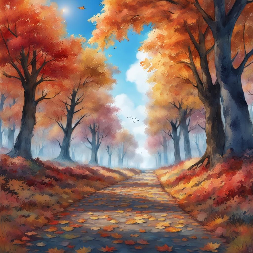 Autumn Path Under Blue Sky in Watercolor Style