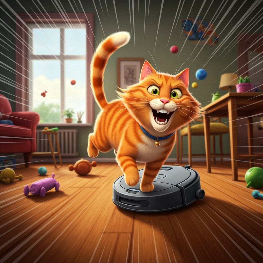 Cat Races on Roomba in Dynamic Disney Animation Style