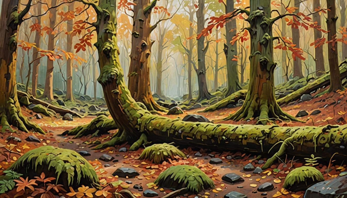 Autumn Forest Oil Painting with Golden Sunlight