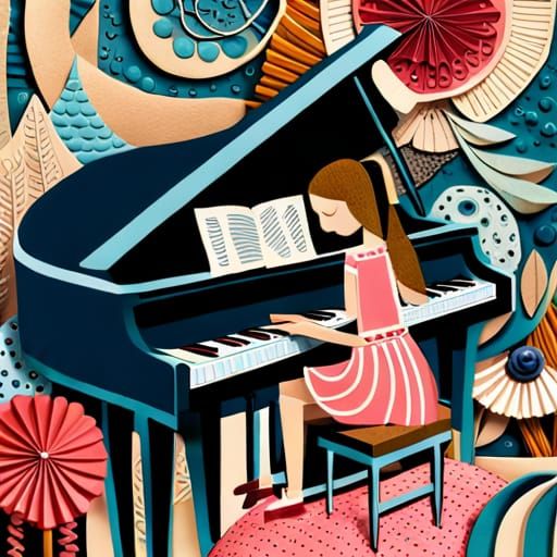 Girl Playing Piano in Cut Paper Collage Art