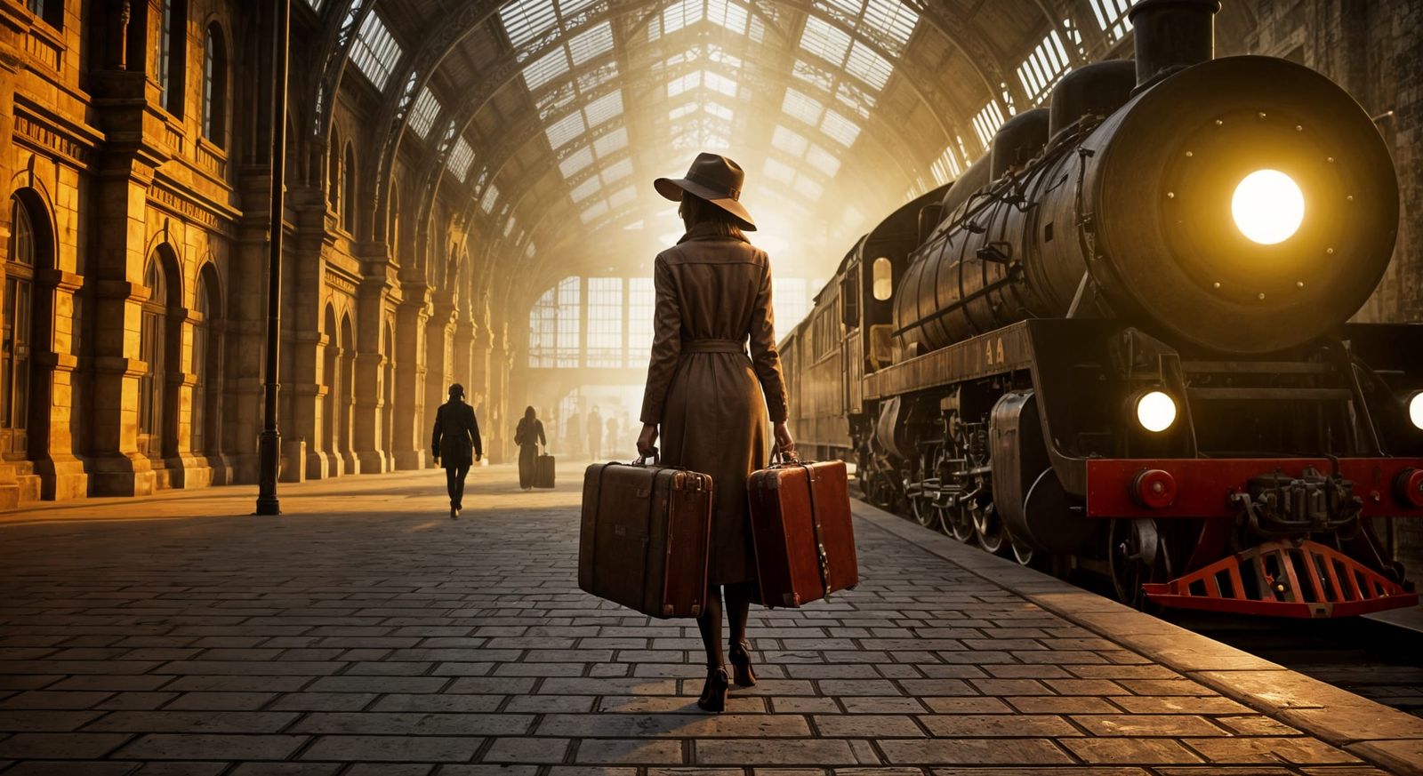 Elegant Woman Boards Train at Historic European Station