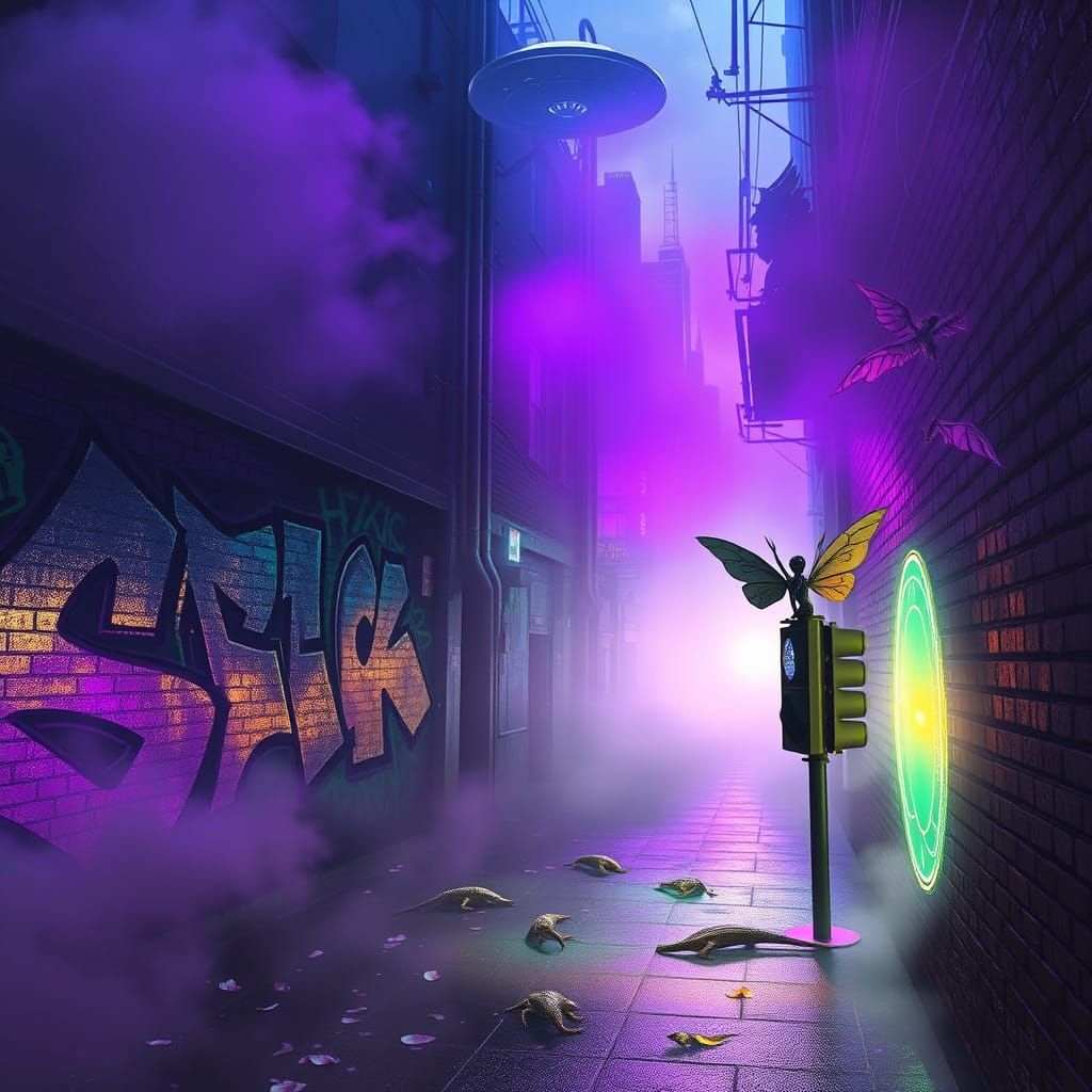 Futuristic City Alleyway with UFO in Cyberpunk Style