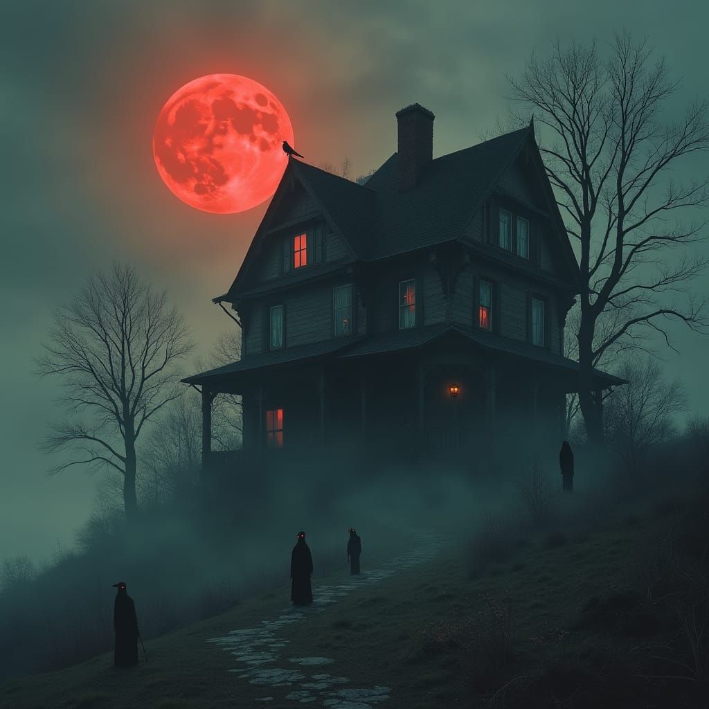 Eerie Victorian House Under Blood Moon