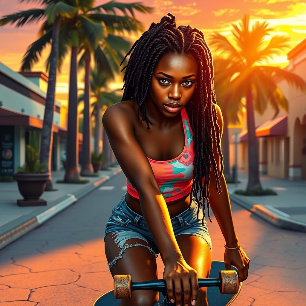 A beautiful black girl with dreads on a skateboard in the ci...