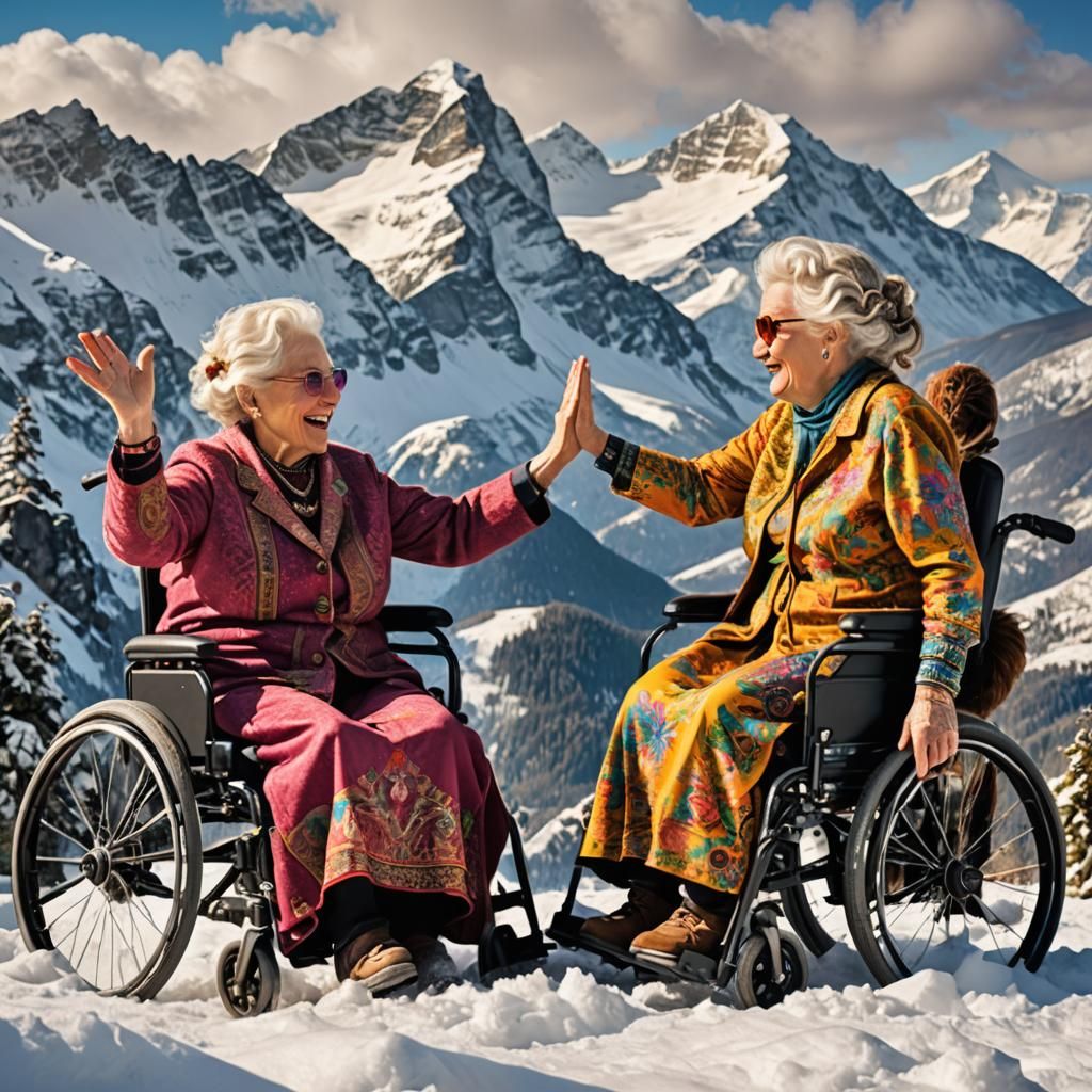 Joyful Old Ladies High-Fiving on Mountain Peak