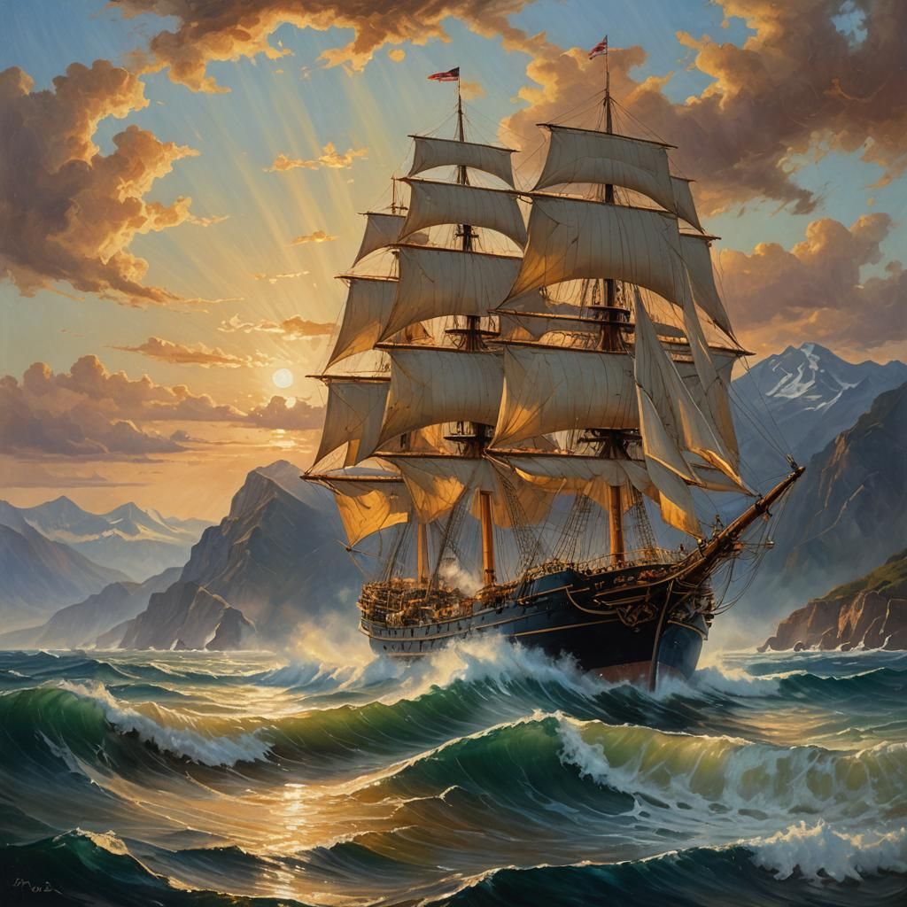 Majestic Ship Amidst Luminous Ocean Mountains
