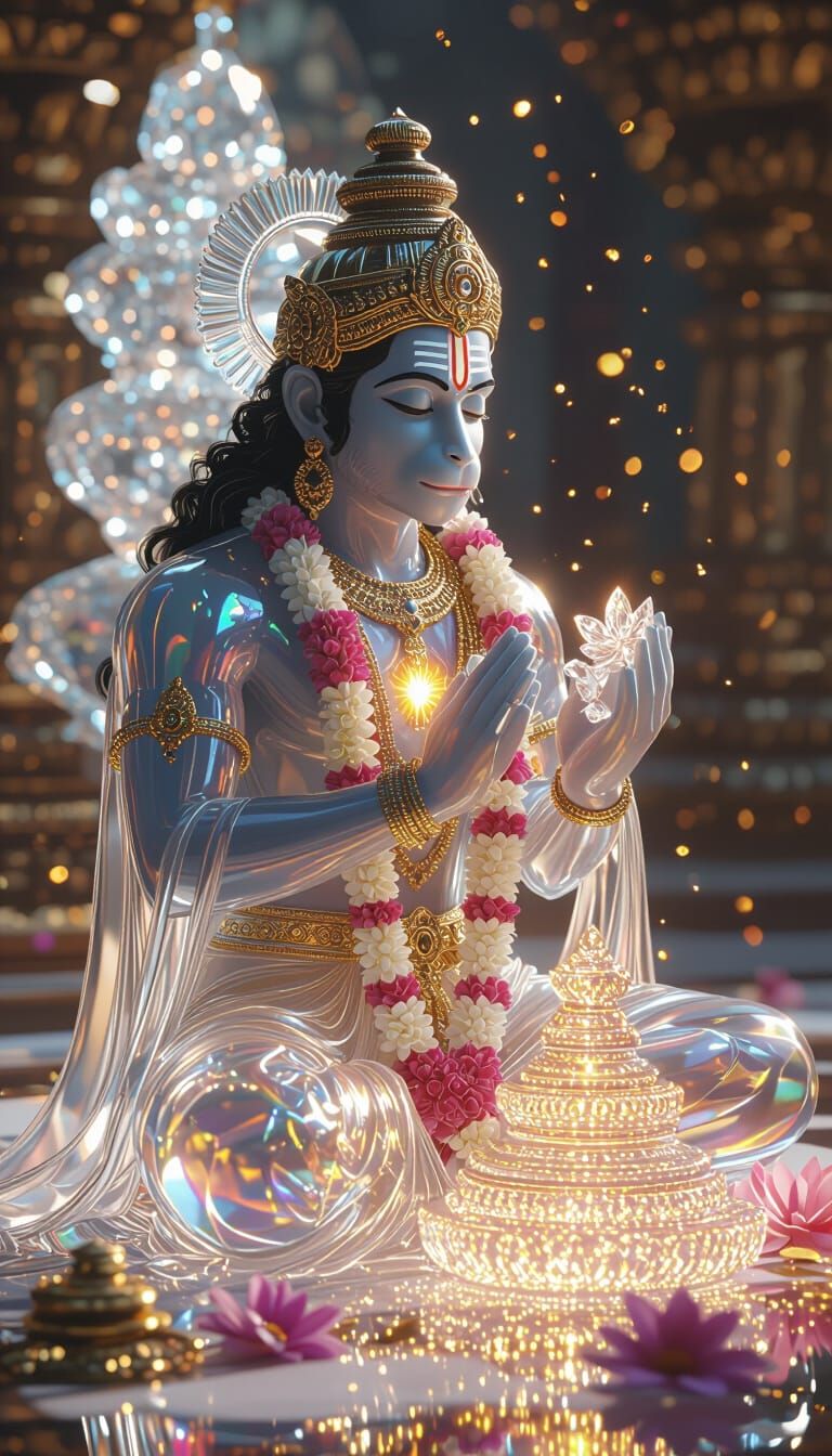 Crystal Hanuman Kneeling Before Shivling in Magical Realism