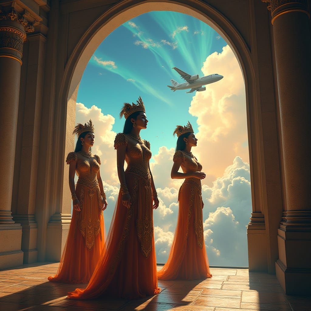 Ancient Flight Attendants Stand Proud in Majestic Archway