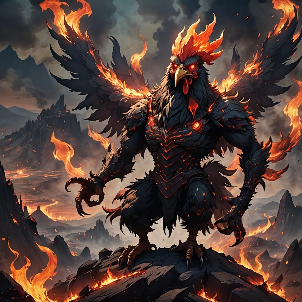 Chicken Demon on Burning Hill in Anime Style