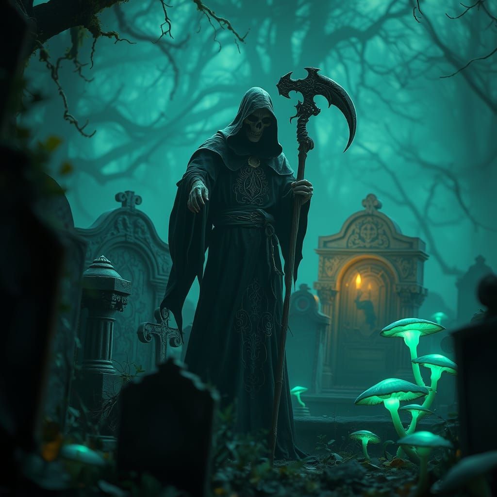 Grim Reaper Amidst an Ethereal Graveyard