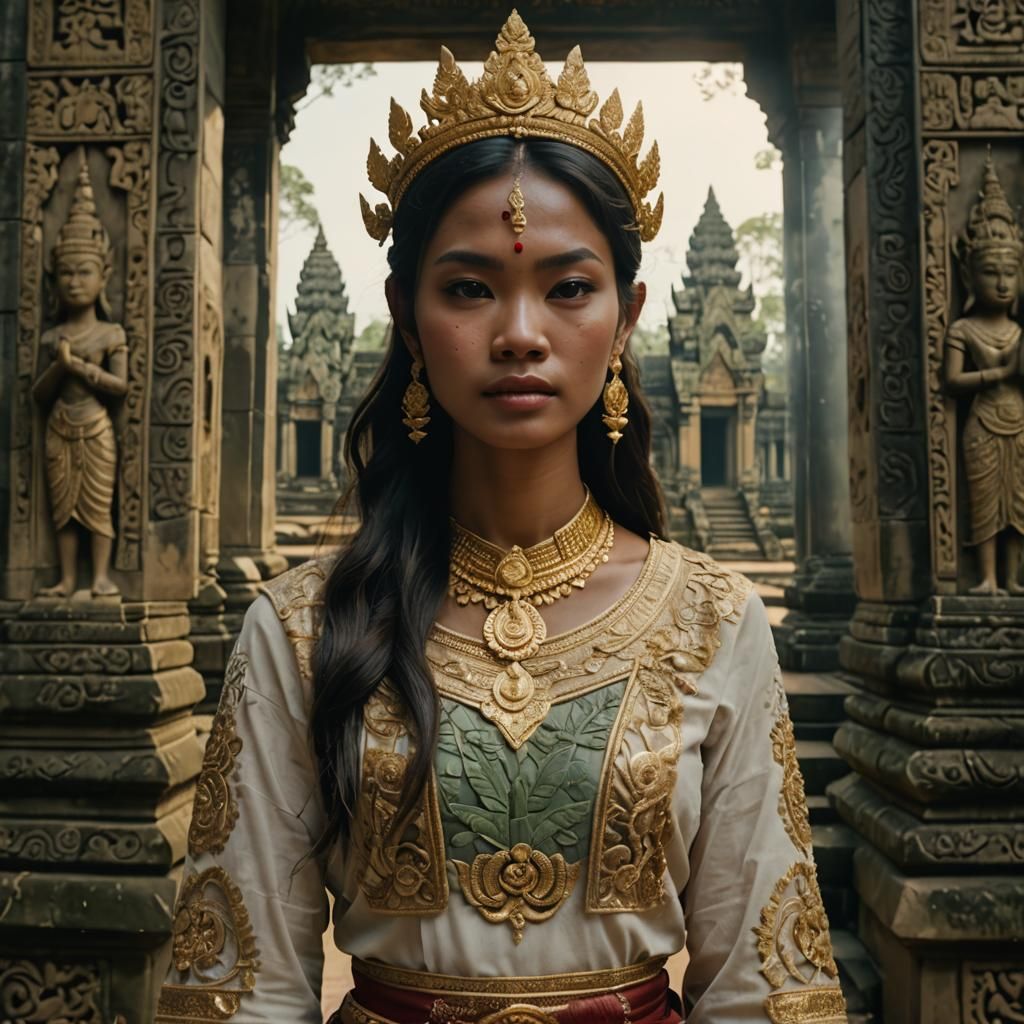 Cambodian Woman in Traditional Dress at Temple Entrance