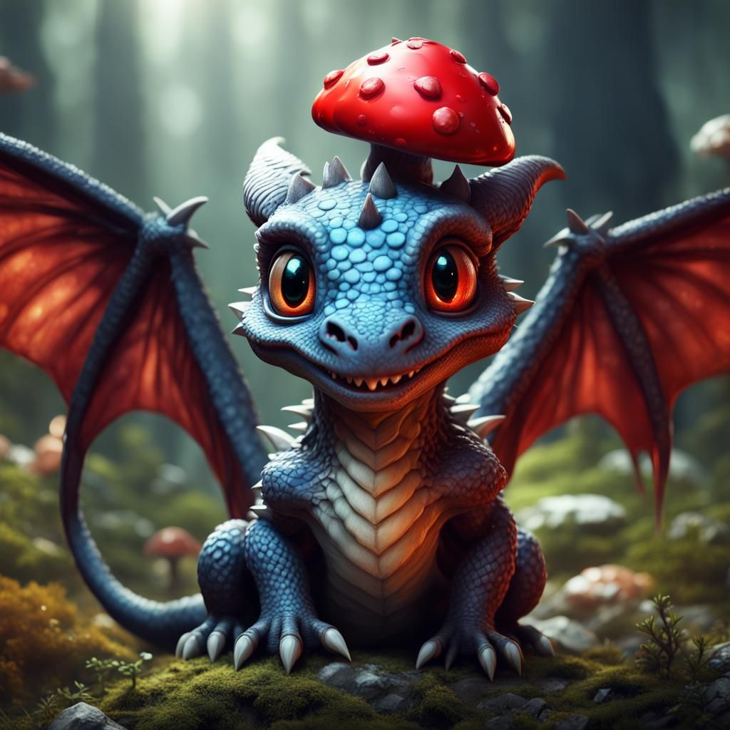 Adorable Winged Baby Dragon with Mushroom, Digital Art