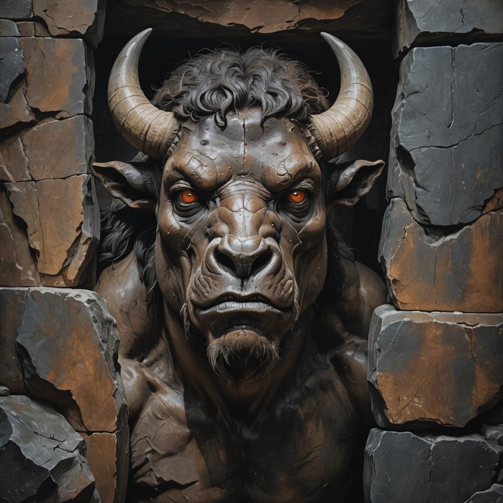 Photorealistic Sad Minotaur in Dark Interior