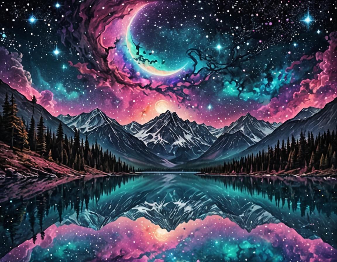 Galactic Lake Reflecting Crescent Moon