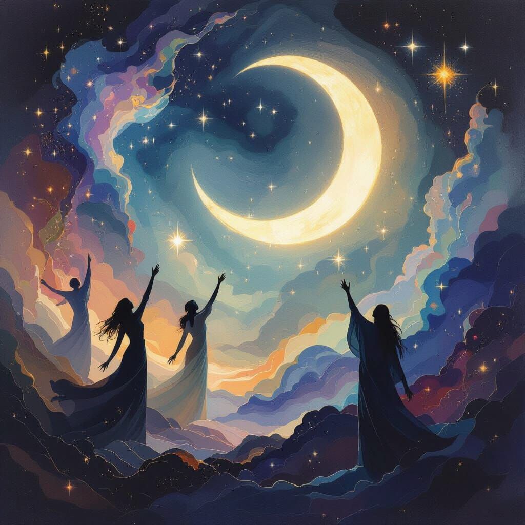 Ethereal Figures Reach for Moonlit Sahur Sky