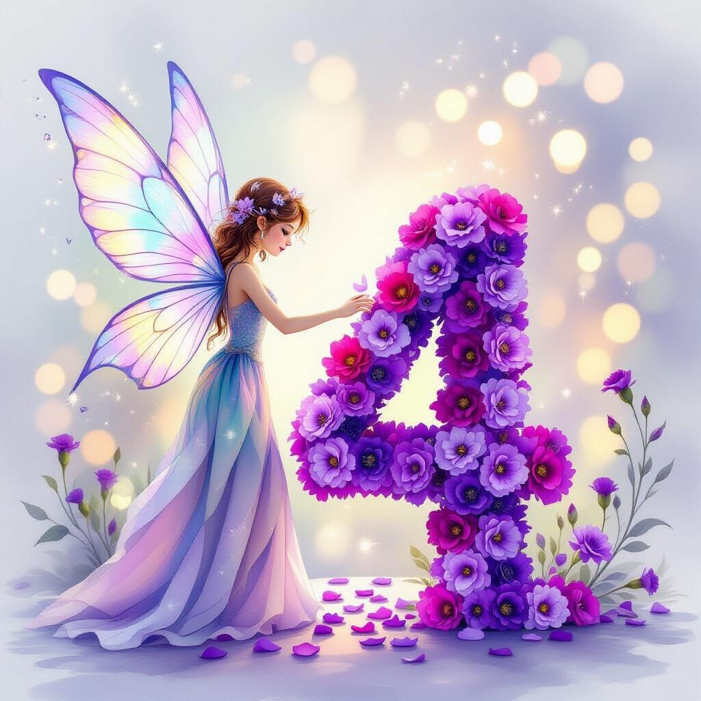 Fairy and Purple Carnation Number 4 in Watercolor Style