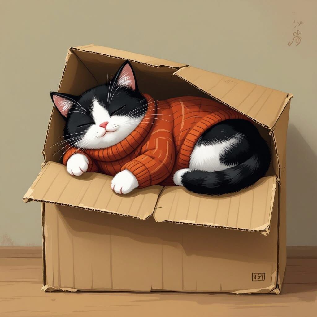 Tuxedo Cat's Cozy Cardboard Nap