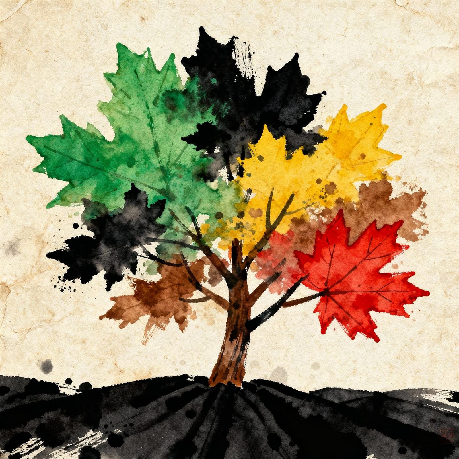 Cartoon Maple Tree on Vintage Paper as European Ink Painting