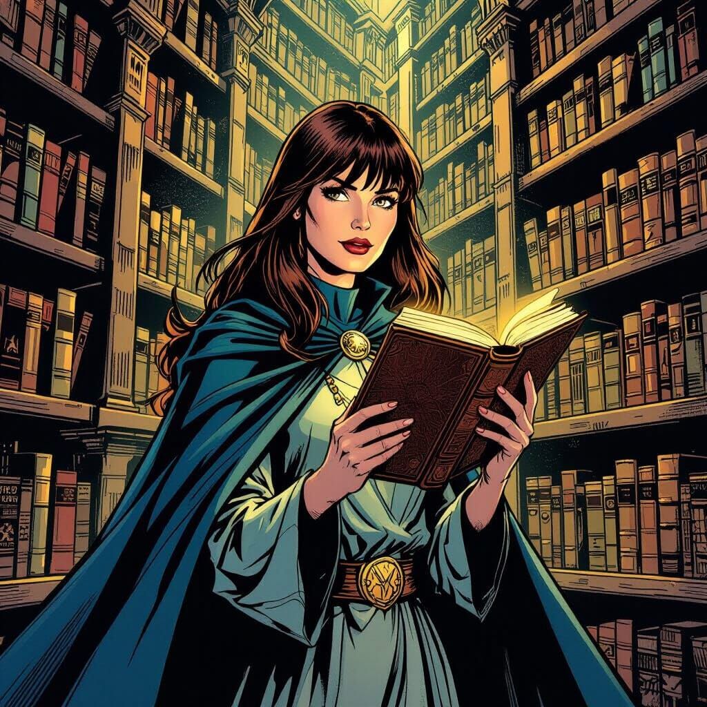 Librarian Hero in Comic Style Holds Ancient Book