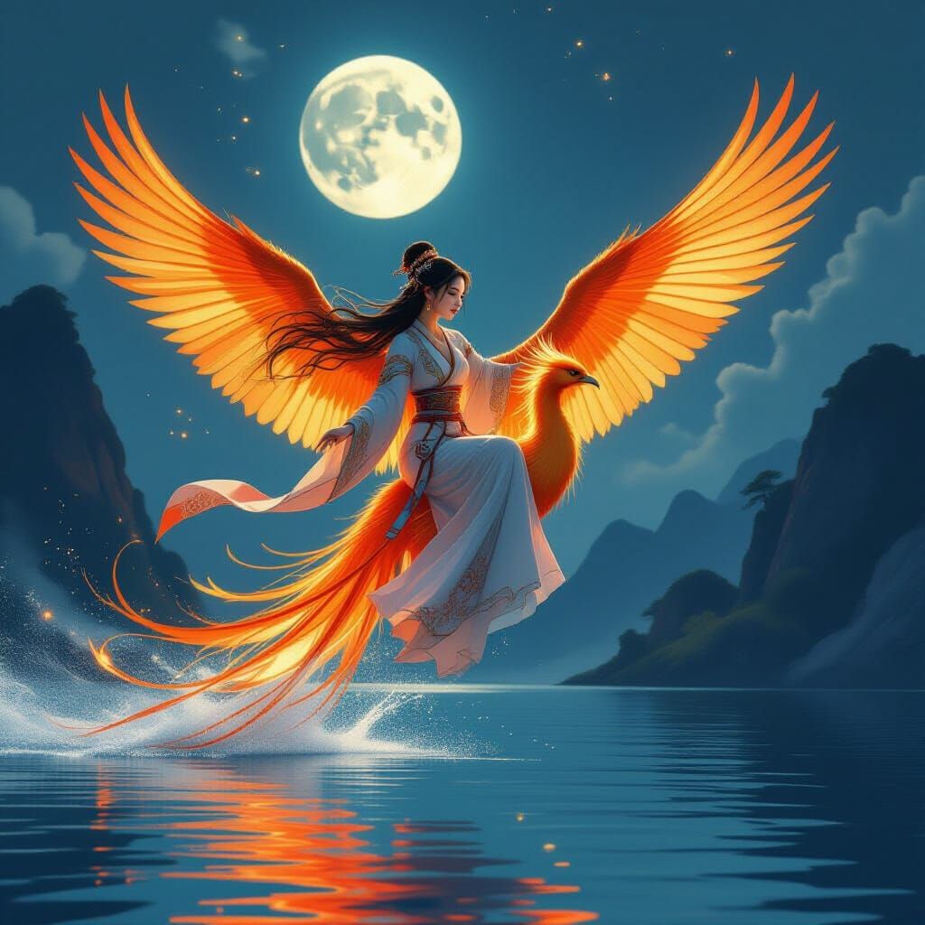 Woman Rides Phoenix in Moonlit Dive: Fantasy Art