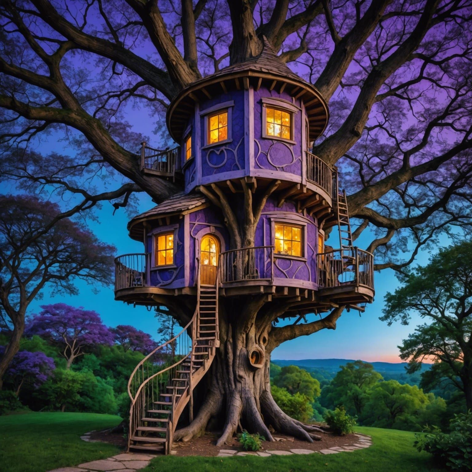 Whimsical Treehouse in a Magical Forest at Night