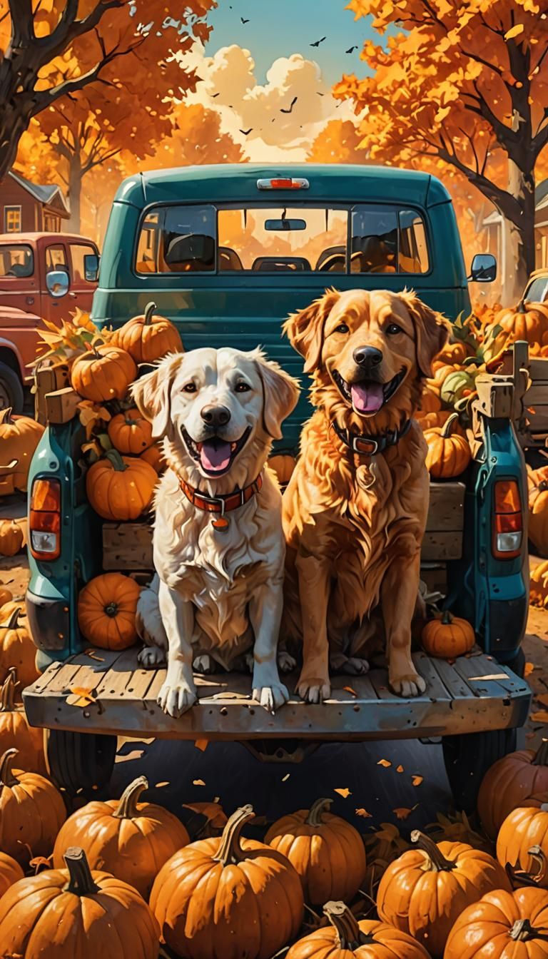 Dogs in the back of a pickup truck at halloween
