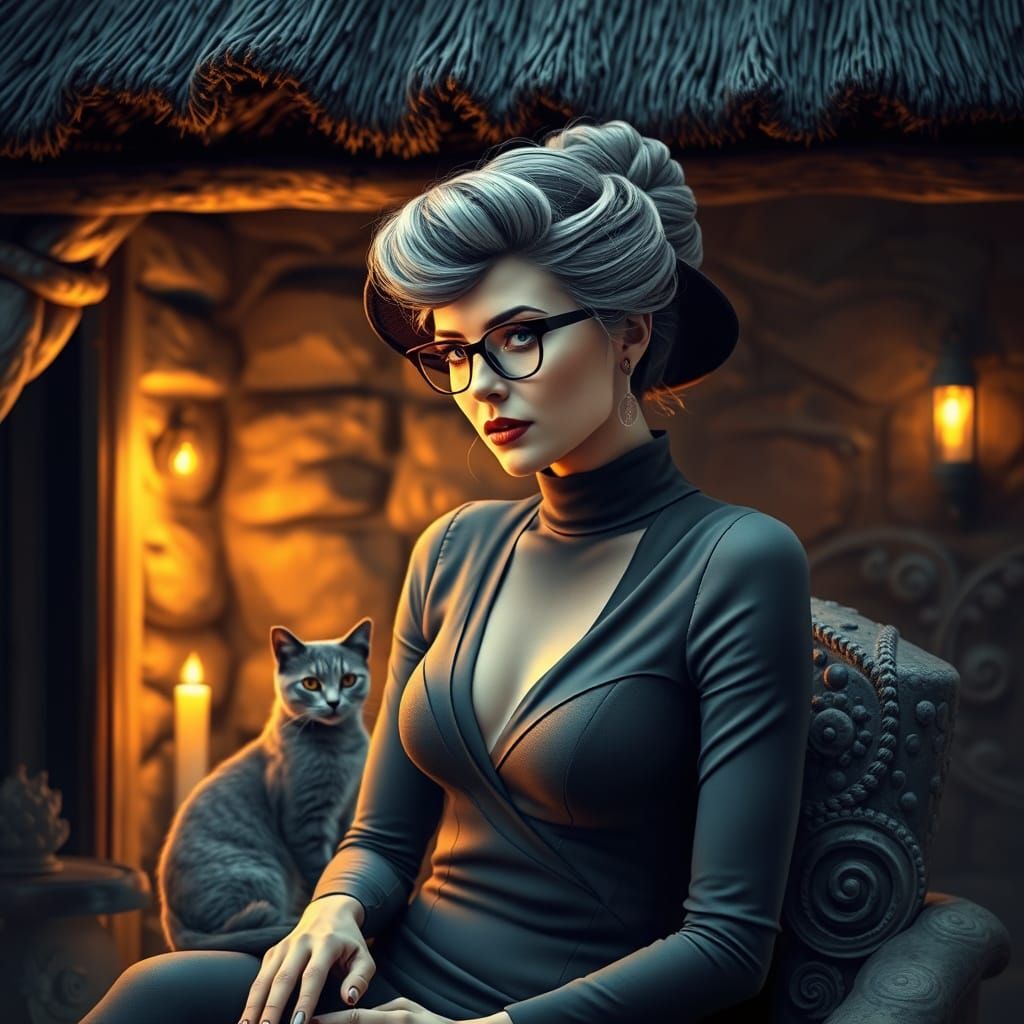Elegant Woman in Whimsical Grey Cottage