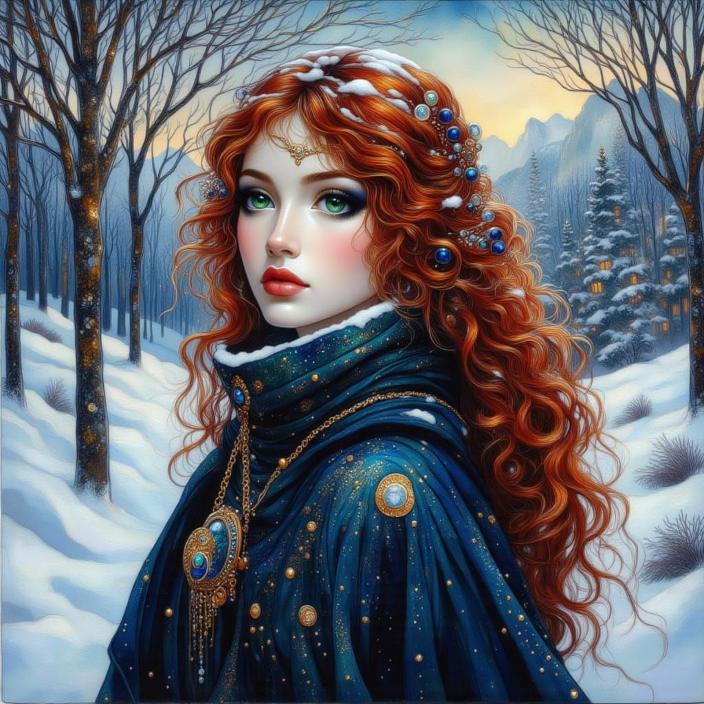 Norse Girl in Snowy Mountain Top Midnight Scene