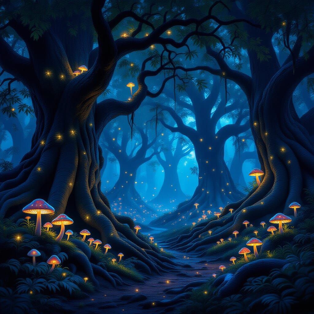Enchanted Forest at Night with Glowing Mushrooms