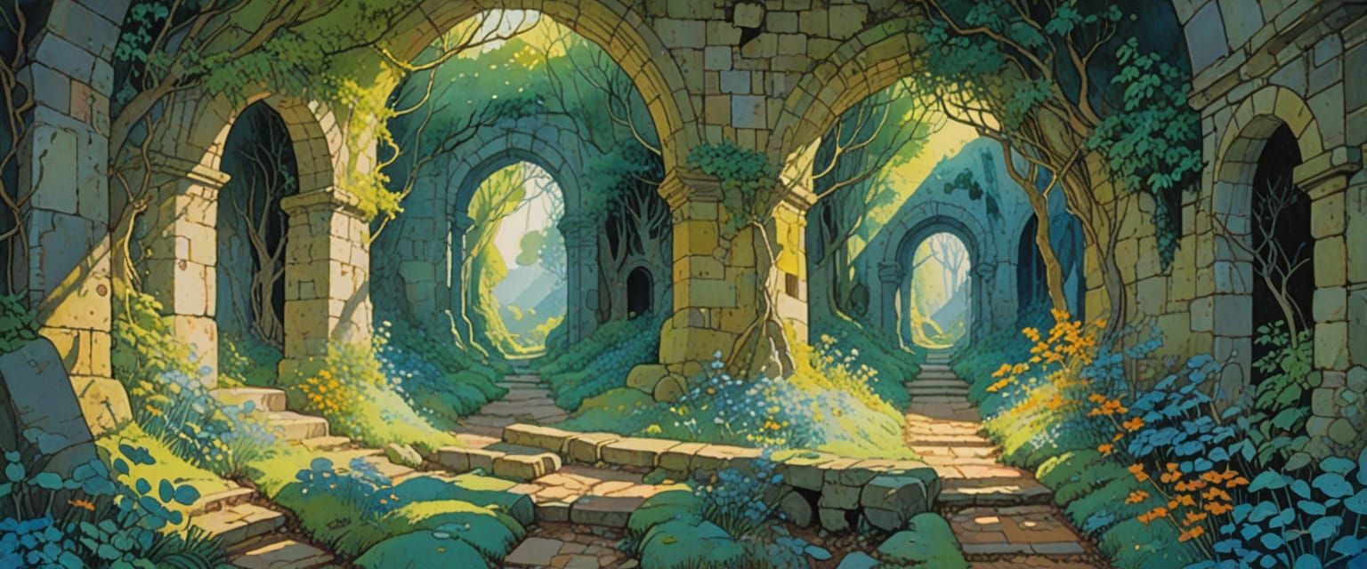 Mysterious Dungeon Passageway in Watercolor and Gouache