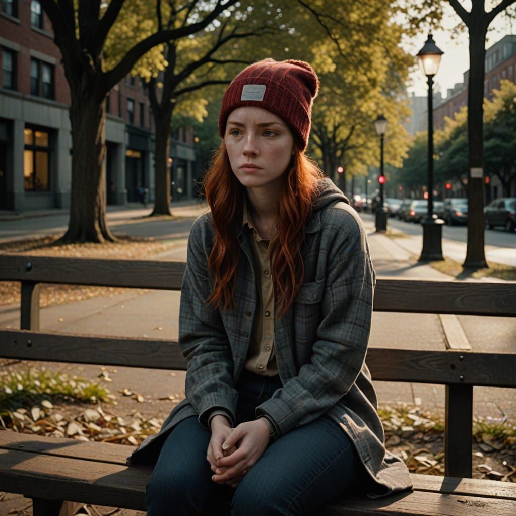 A Teenage Girl Lost in Thought on a Worn Park Bench
