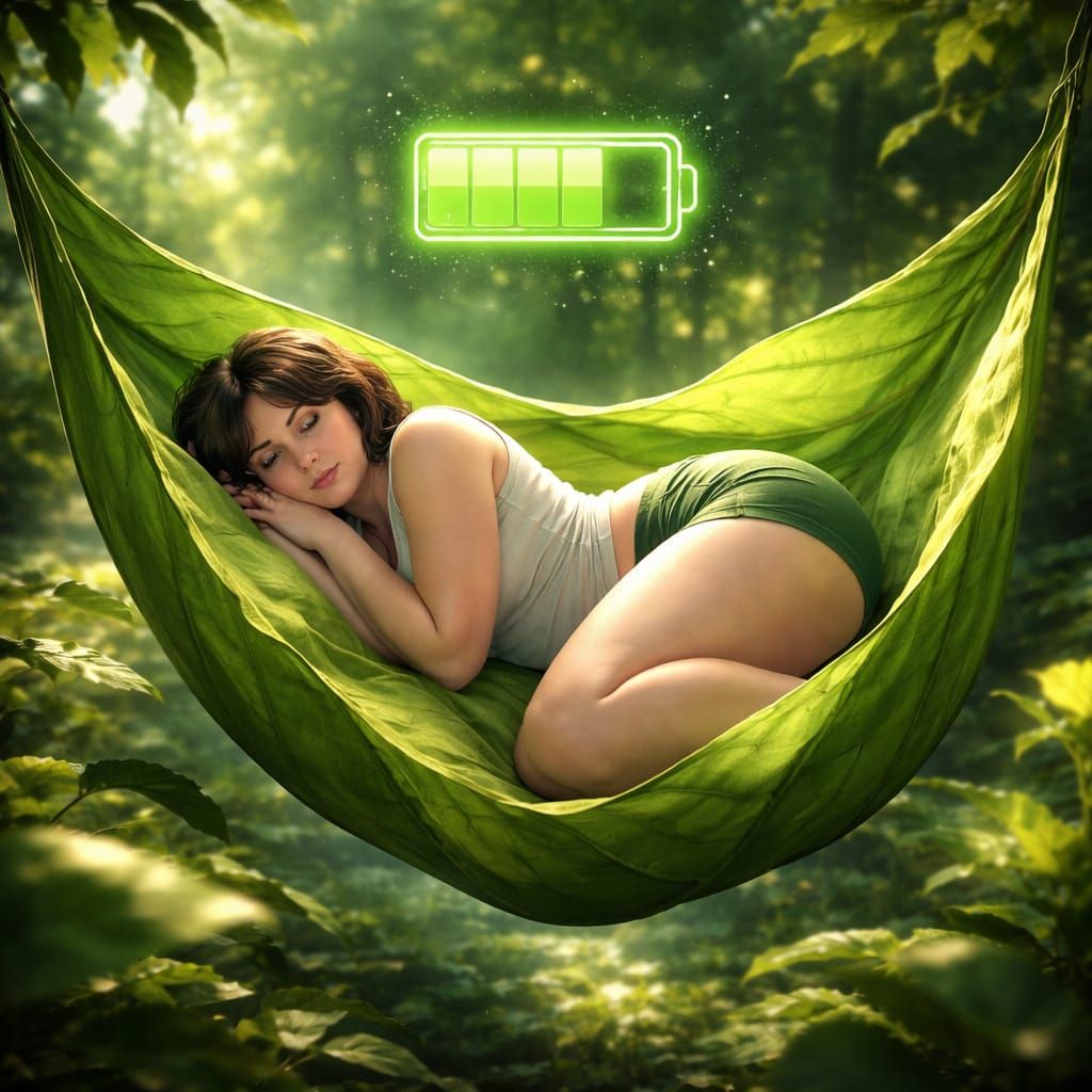 Woman Rests in Leaf Hammock, Recharging Like a Battery