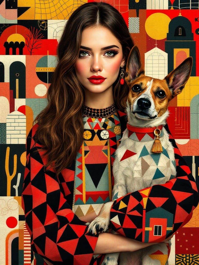 Elegant Woman and Dog in Geometric Harmony