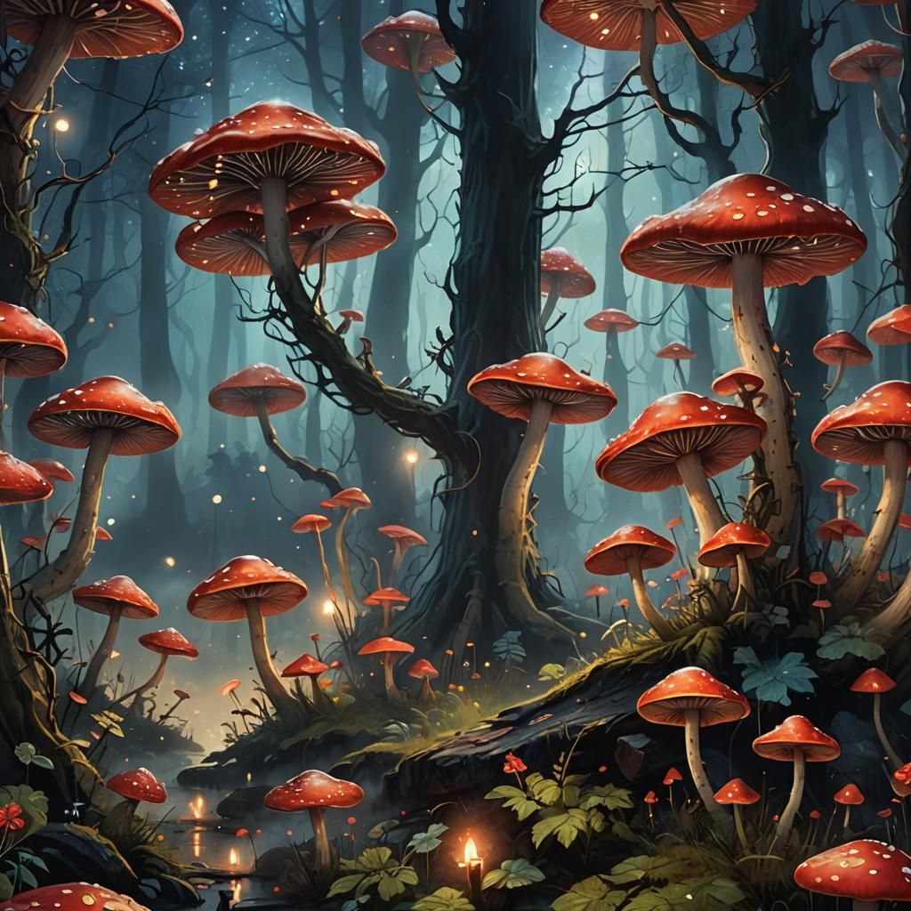 Giant Red Mushrooms Glow in Misty Fantasy Forest