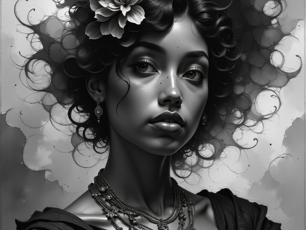 Monochromatic Charcoal Portrait of a Black Woman with Flower...
