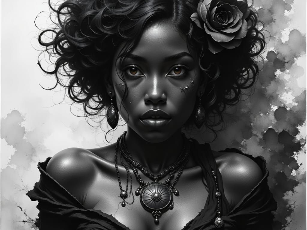 Monochromatic Charcoal Portrait of Determined Woman with Flo...