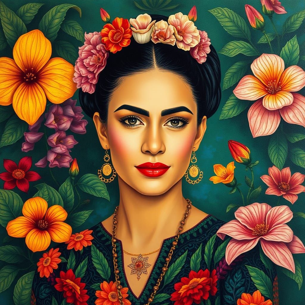 Woman in Floral Clothing: Mexican Folk Art Portrait