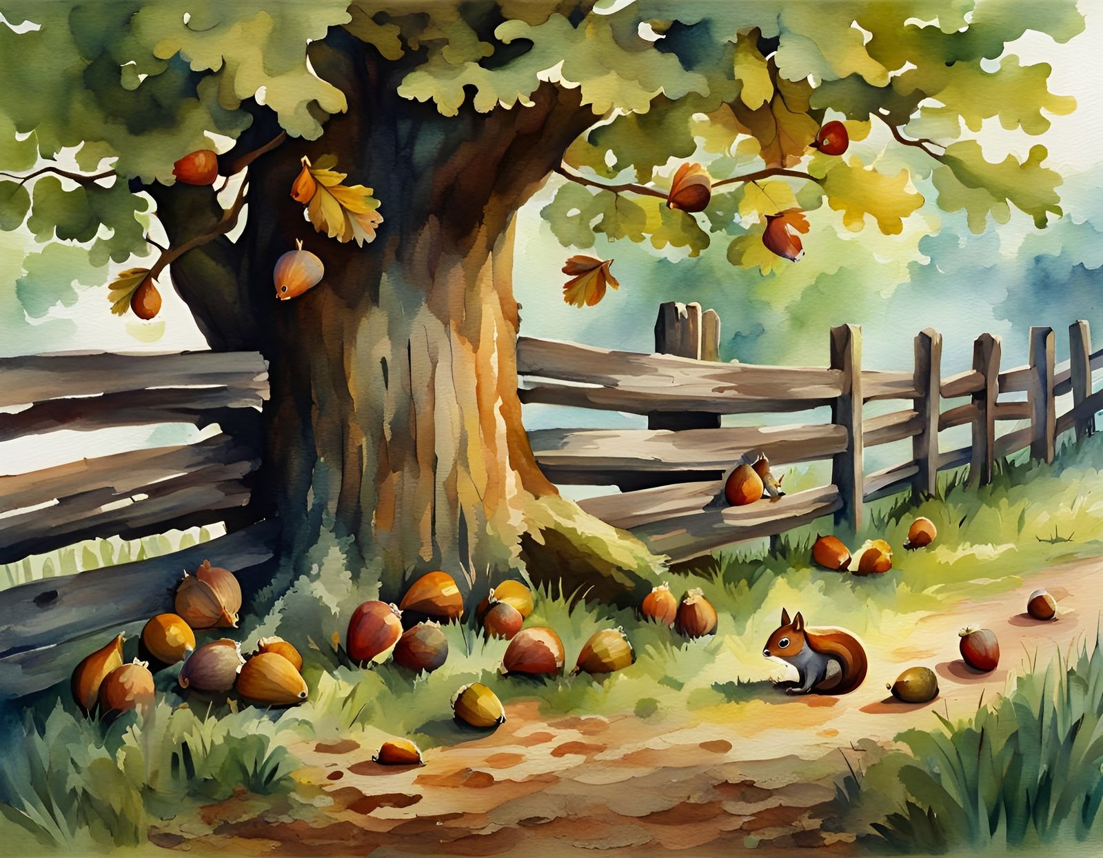 Oak Tree with Squirrels in Watercolor Style