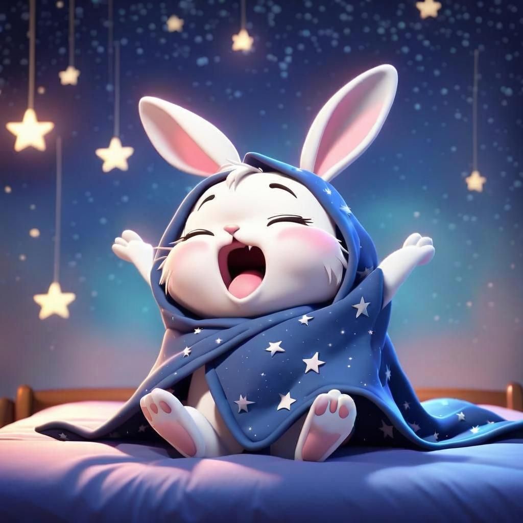 Cute Chibi Bunny Yawning at Night in 3D