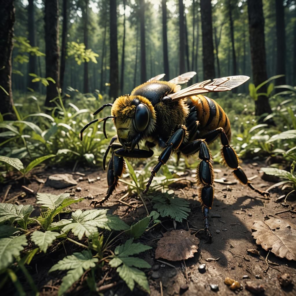 Zombie Bee in Forest: 3D Rendered Cinematic Image