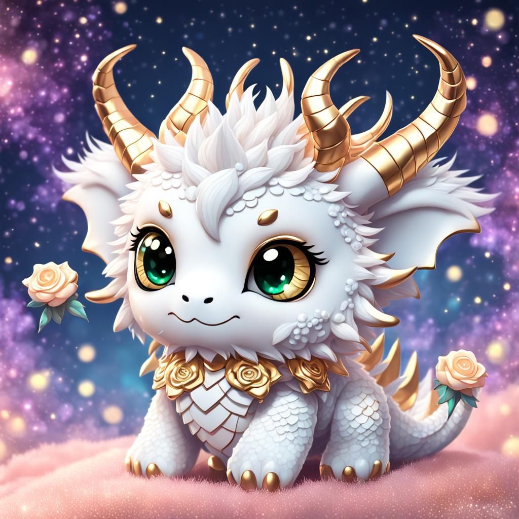 Cute White and Gold Dragon Chibi Illustration