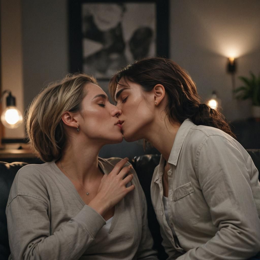 Intimate Kiss: Lesbian Couple in Modern Living Room