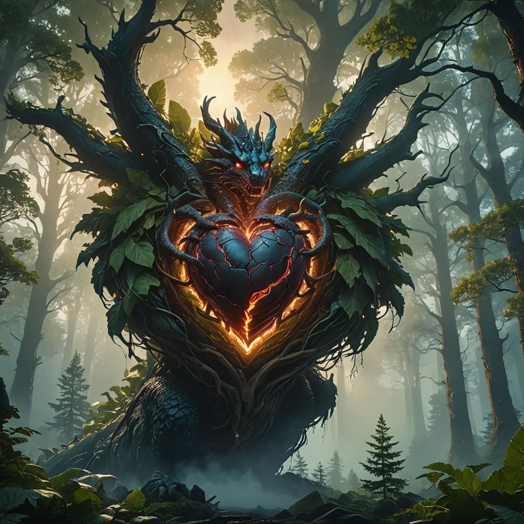 Glowing Dragon Heart with Forest, Digital Matte Painting