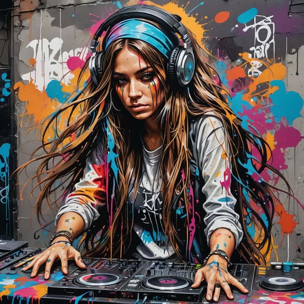 Colorful Graffiti Art of a DJ Girl in Rags