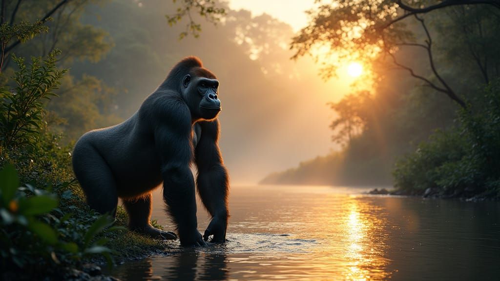 Gorilla beside Jungle River