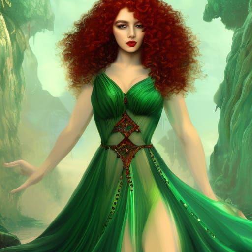 Attractive Model in Emerald Dress: Fantasy Art