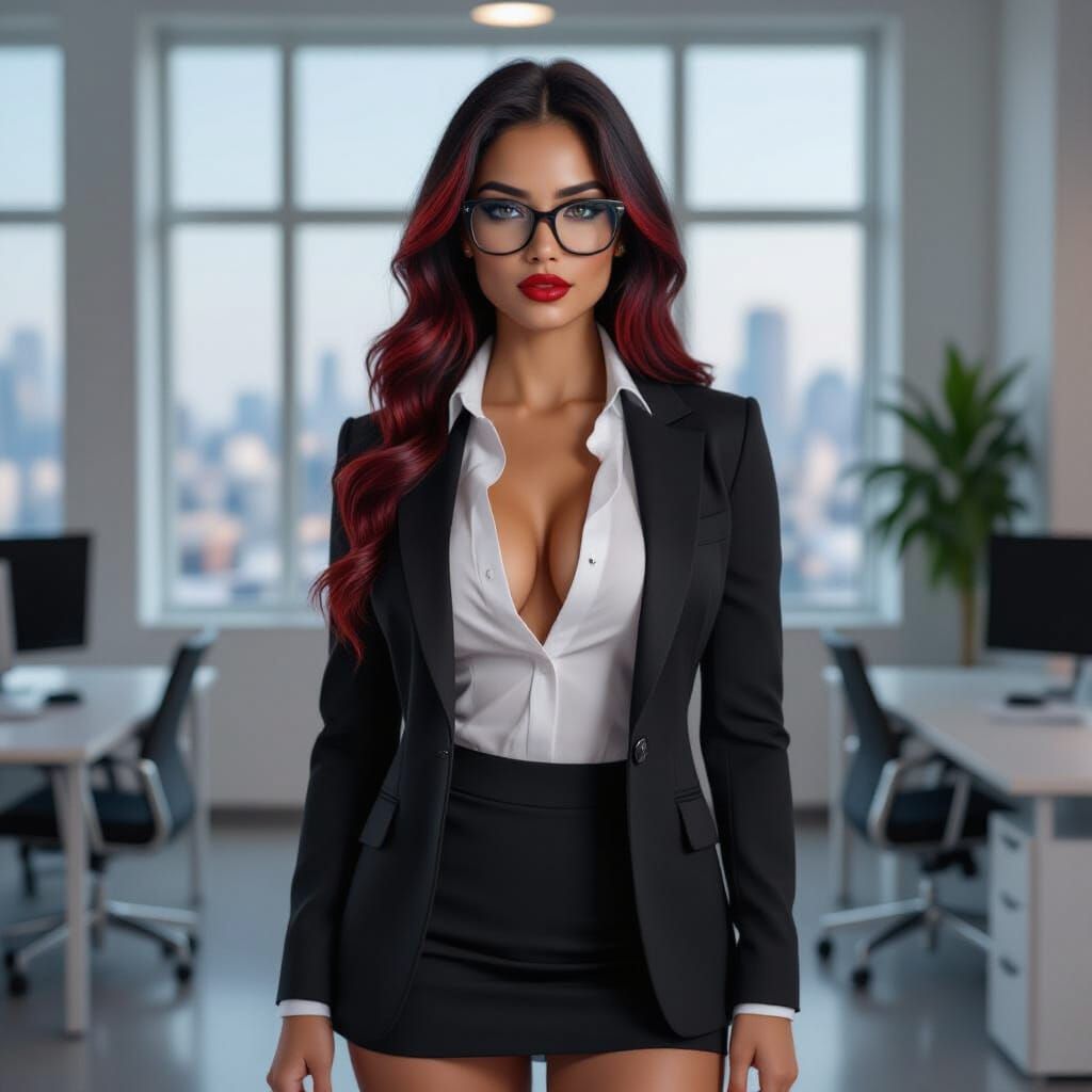 Hyperrealistic Latina Woman in Office Attire