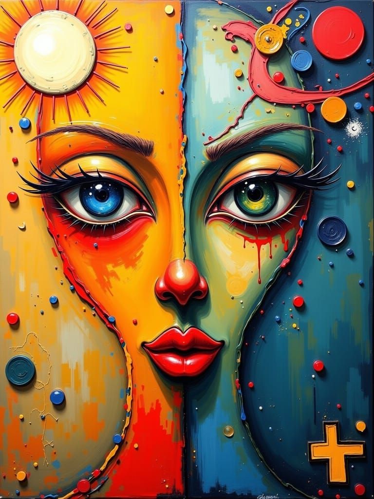Abstract Face with Sun: Surreal Impasto Oil Painting