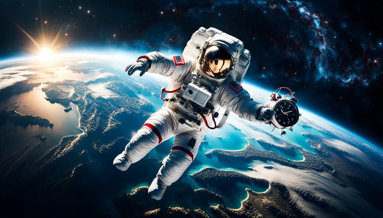 Astronaut in Space Holding an Alarm Clock